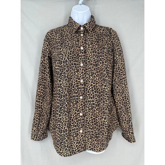J Crew Top Womens Small Brown Animal Print Cheetah Leopard Button Shirt Cotton - Picture 1 of 7